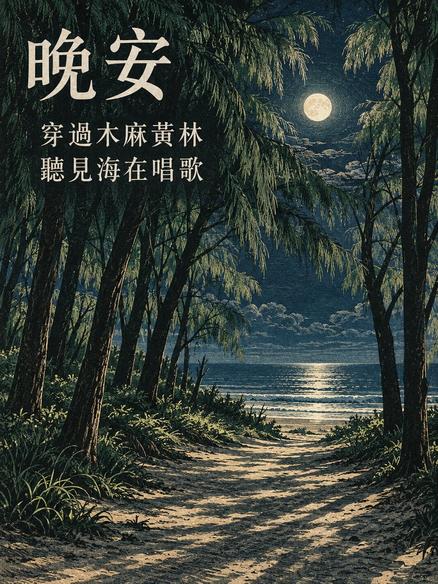 防風林小路。圖中文字：晚安，穿過木麻黃林，聽見海在唱歌