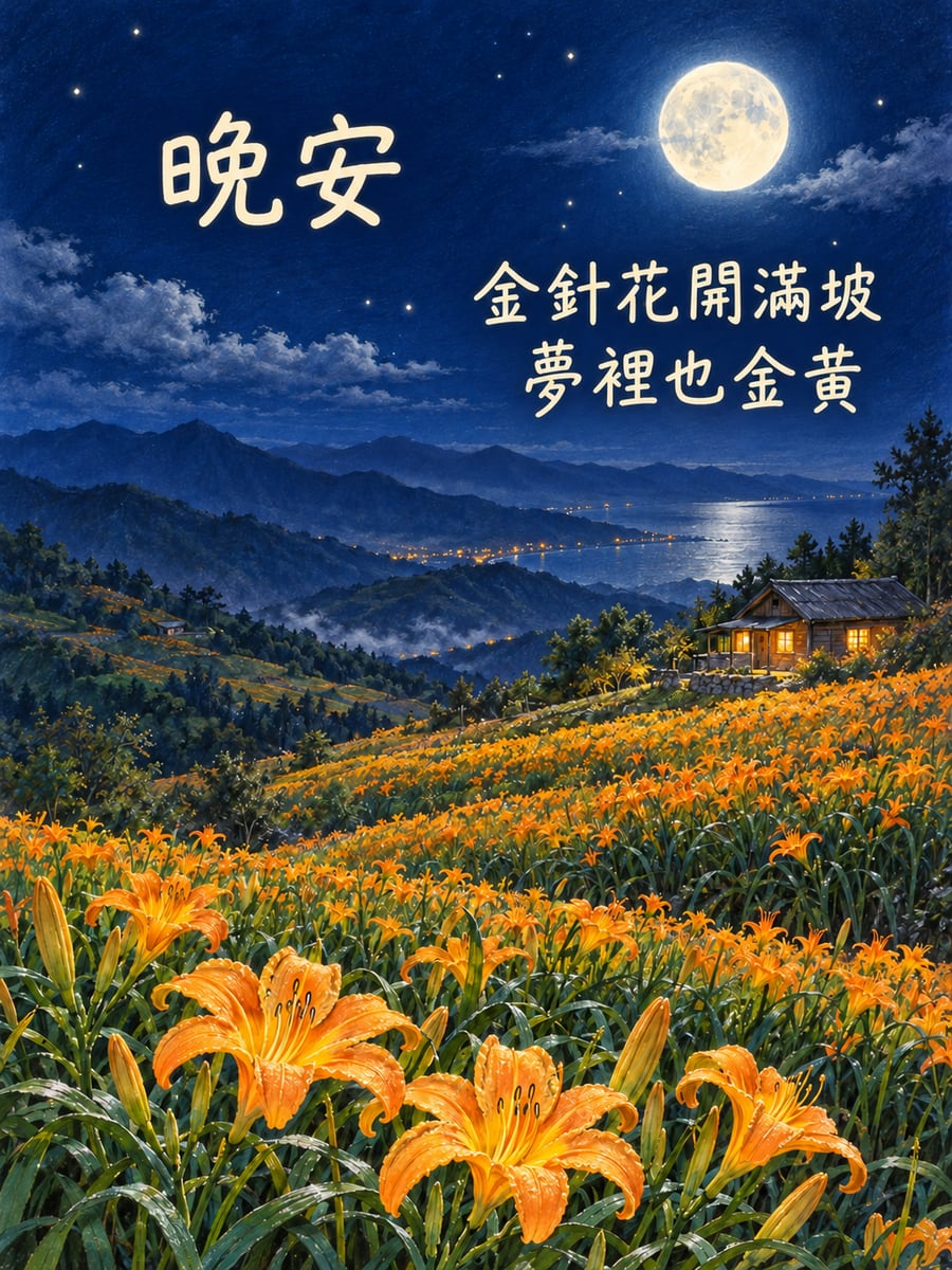 月下金針花海。圖中文字：晚安，金針花開滿坡，夢裡也金黃