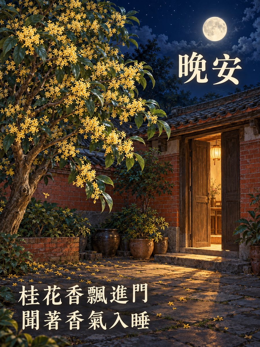 桂花小院。圖中文字：晚安，桂花香飄進門，聞著香氣入睡