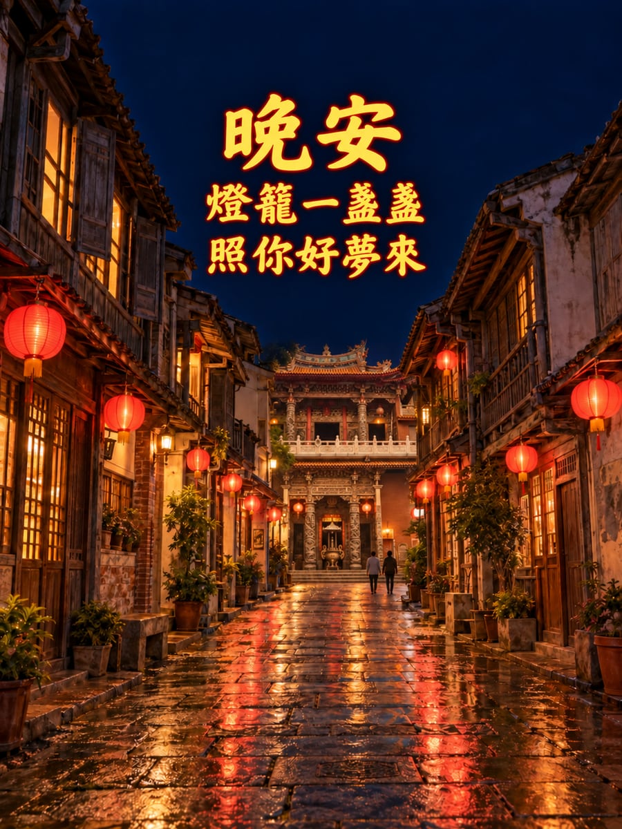 神農街燈籠夜。圖中文字：晚安，燈籠一盞盞，照你好夢來