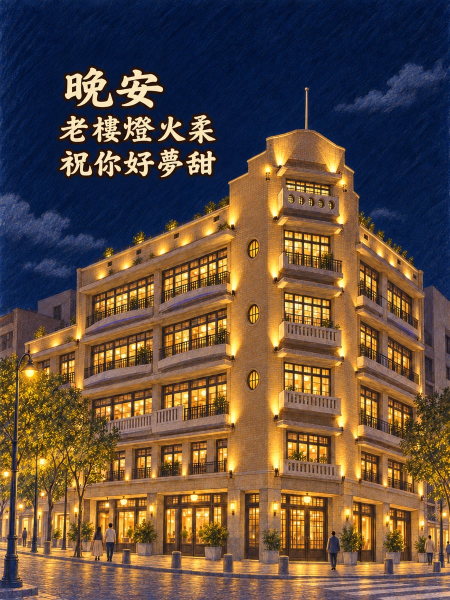 林百貨夜色。圖中文字：晚安，老樓燈火柔，祝你好夢甜