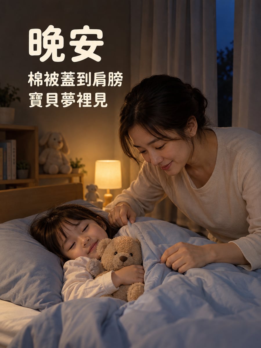 棉被蓋到肩膀。圖中文字：晚安，棉被蓋到肩膀，寶貝夢裡見