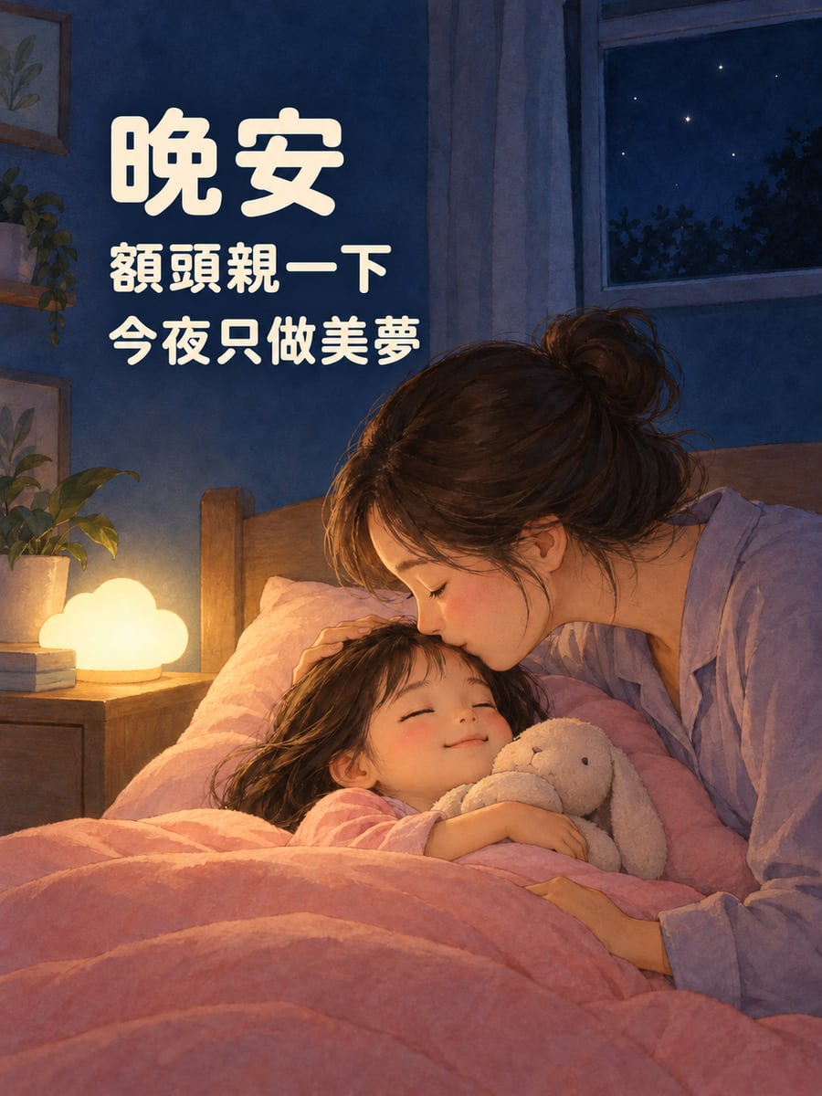 額頭親一下。圖中文字：晚安，額頭親一下，今夜只做美夢