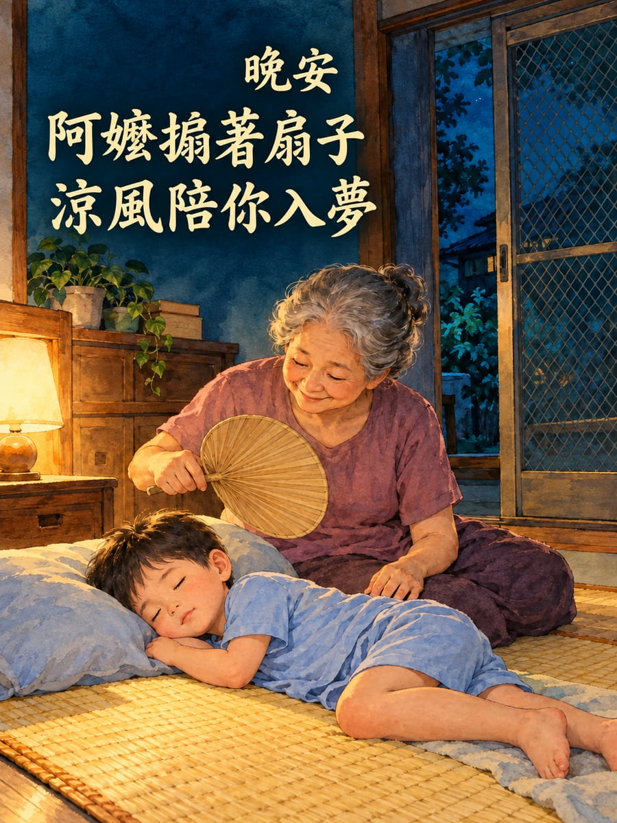 阿嬤搧著扇子。圖中文字：晚安，阿嬤搧著扇子，涼風陪你入夢