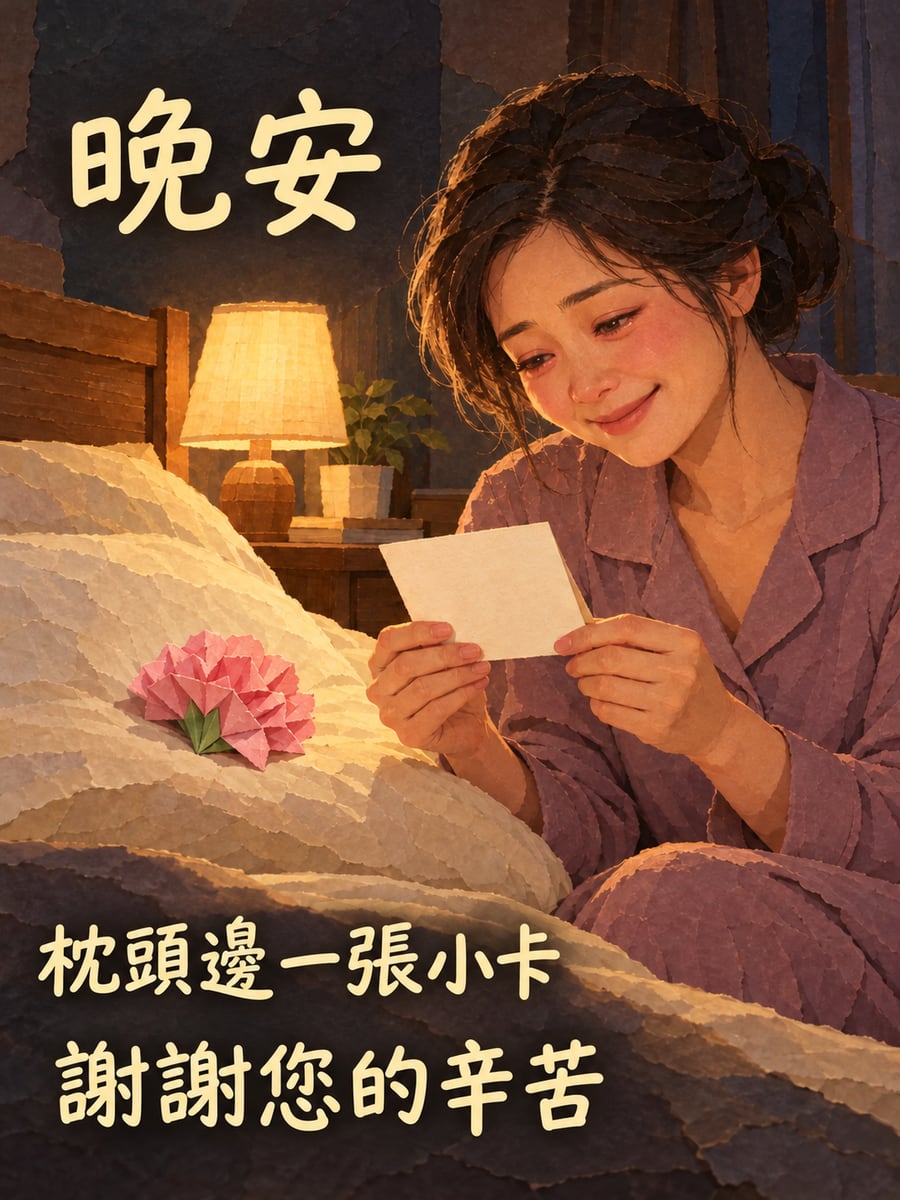 枕頭邊的小卡片。圖中文字：晚安，枕頭邊一張小卡，謝謝您的辛苦