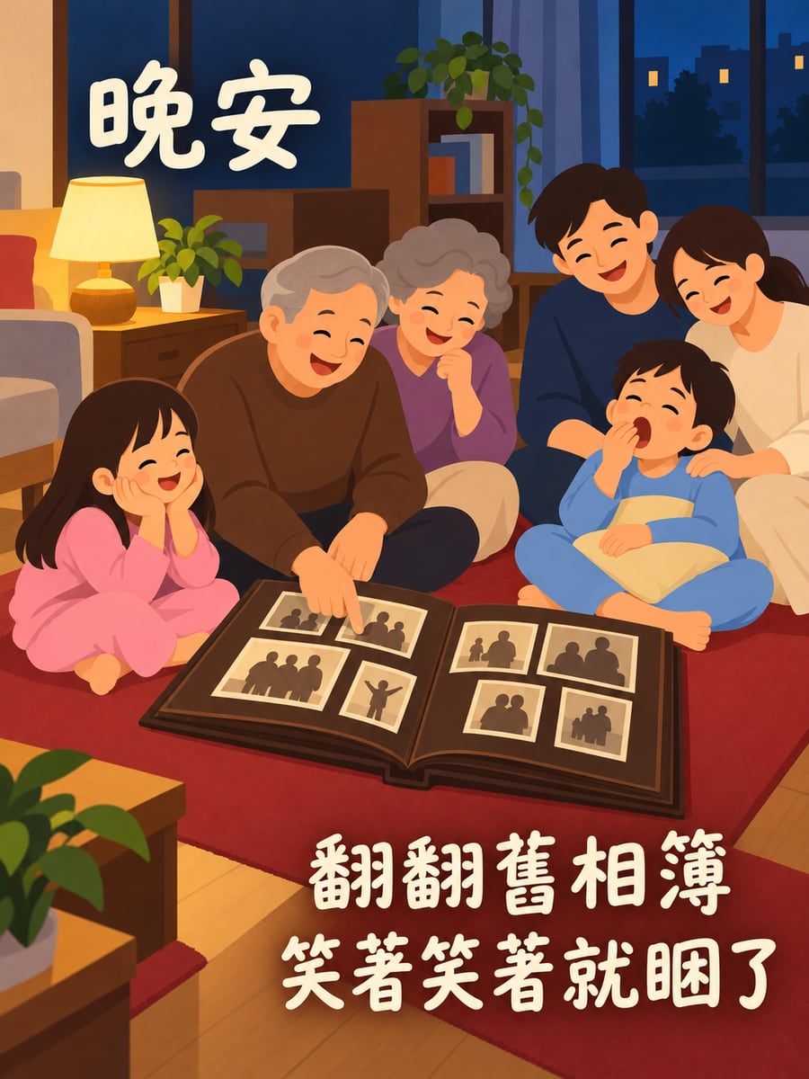 翻老相簿。圖中文字：晚安，翻翻舊相簿，笑著笑著就睏了