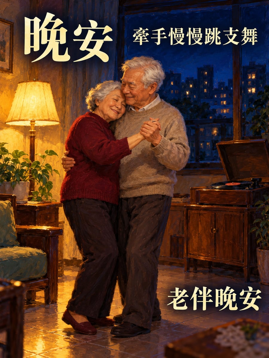 家裡的慢舞。圖中文字：晚安，牽手慢慢跳支舞，老伴晚安