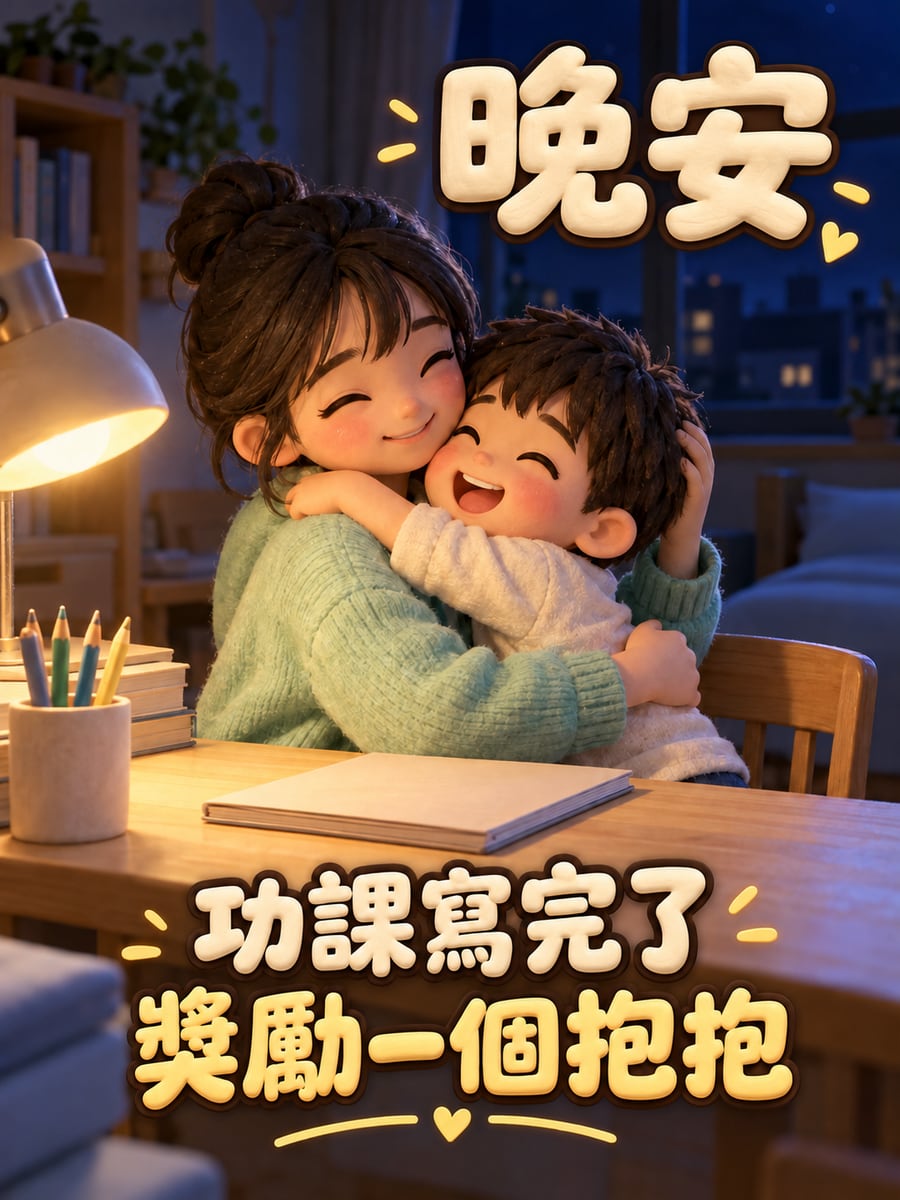 功課寫完的抱抱。圖中文字：晚安，功課寫完了，獎勵一個抱抱