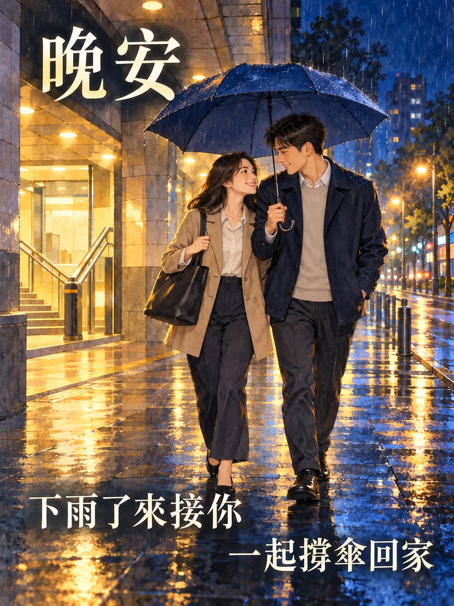 下雨天來接你。圖中文字：晚安，下雨了來接你，一起撐傘回家