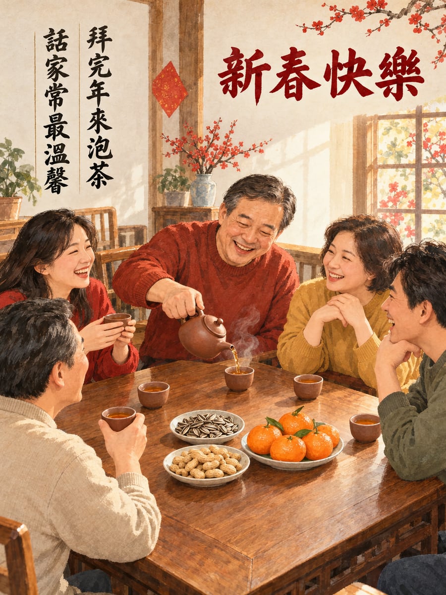 拜完年來泡茶。圖中文字：新春快樂，拜完年來泡茶，話家常最溫馨