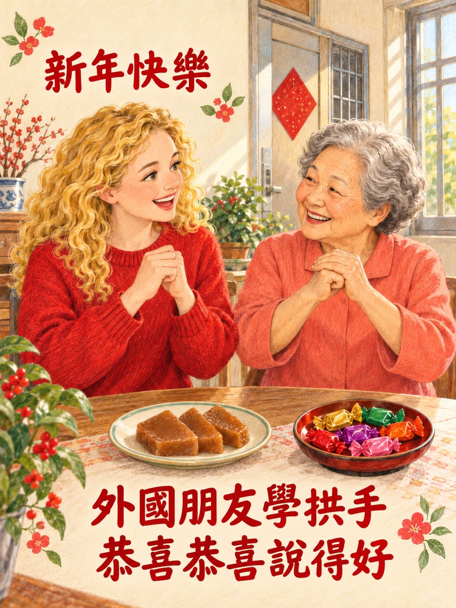 外國朋友學拜年。圖中文字：新年快樂，外國朋友學拱手，恭喜恭喜說得好
