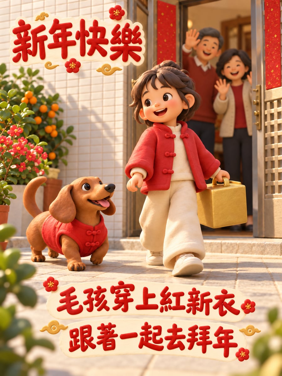 毛孩穿上紅新衣。圖中文字：新年快樂，毛孩穿上紅新衣，跟著一起去拜年
