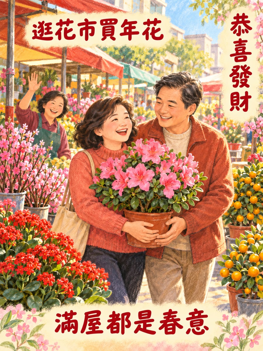 逛花市買年花。圖中文字：恭喜發財，逛花市買年花，滿屋都是春意