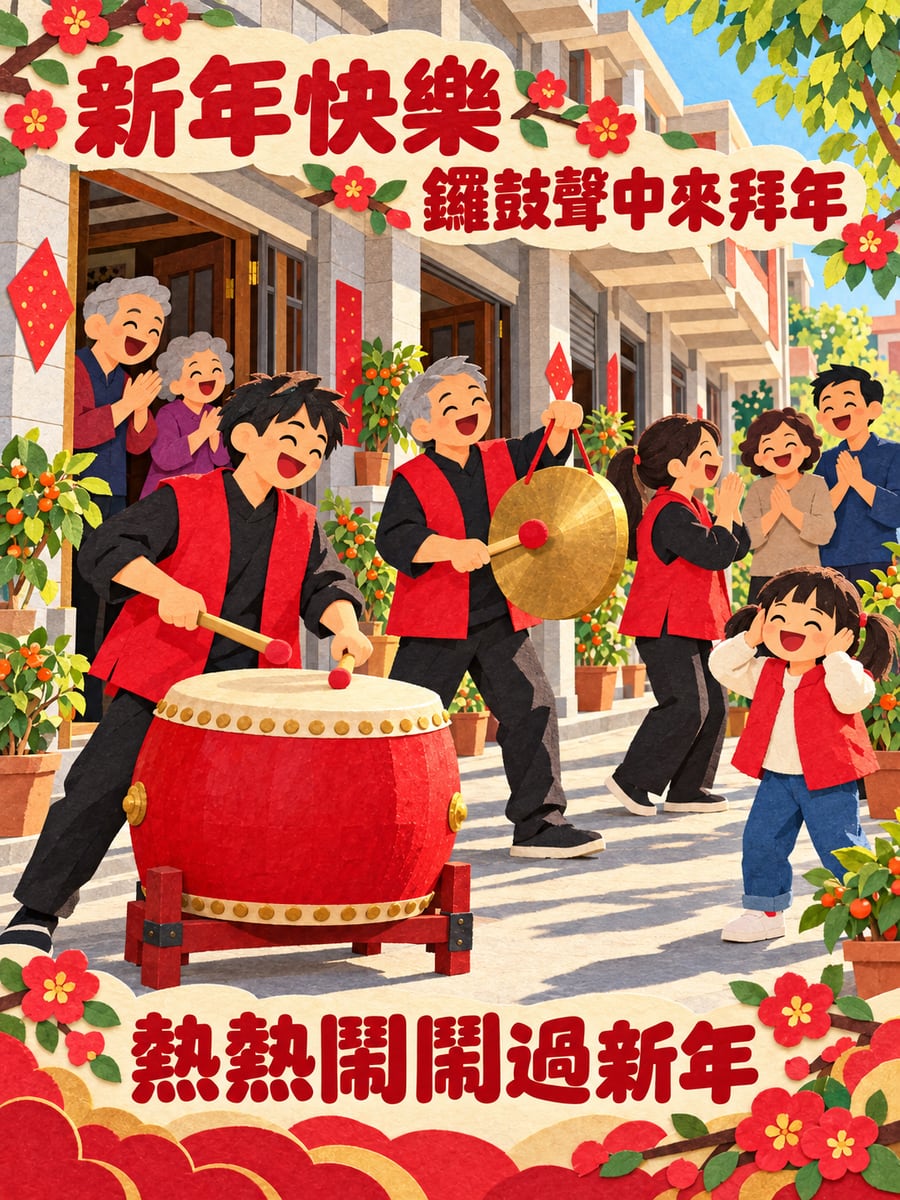 鑼鼓聲中來拜年。圖中文字：新年快樂，鑼鼓聲中來拜年，熱熱鬧鬧過新年