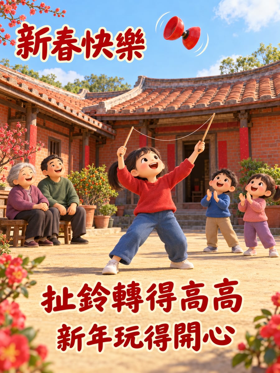 扯鈴轉得高高。圖中文字：新春快樂，扯鈴轉得高高，新年玩得開心