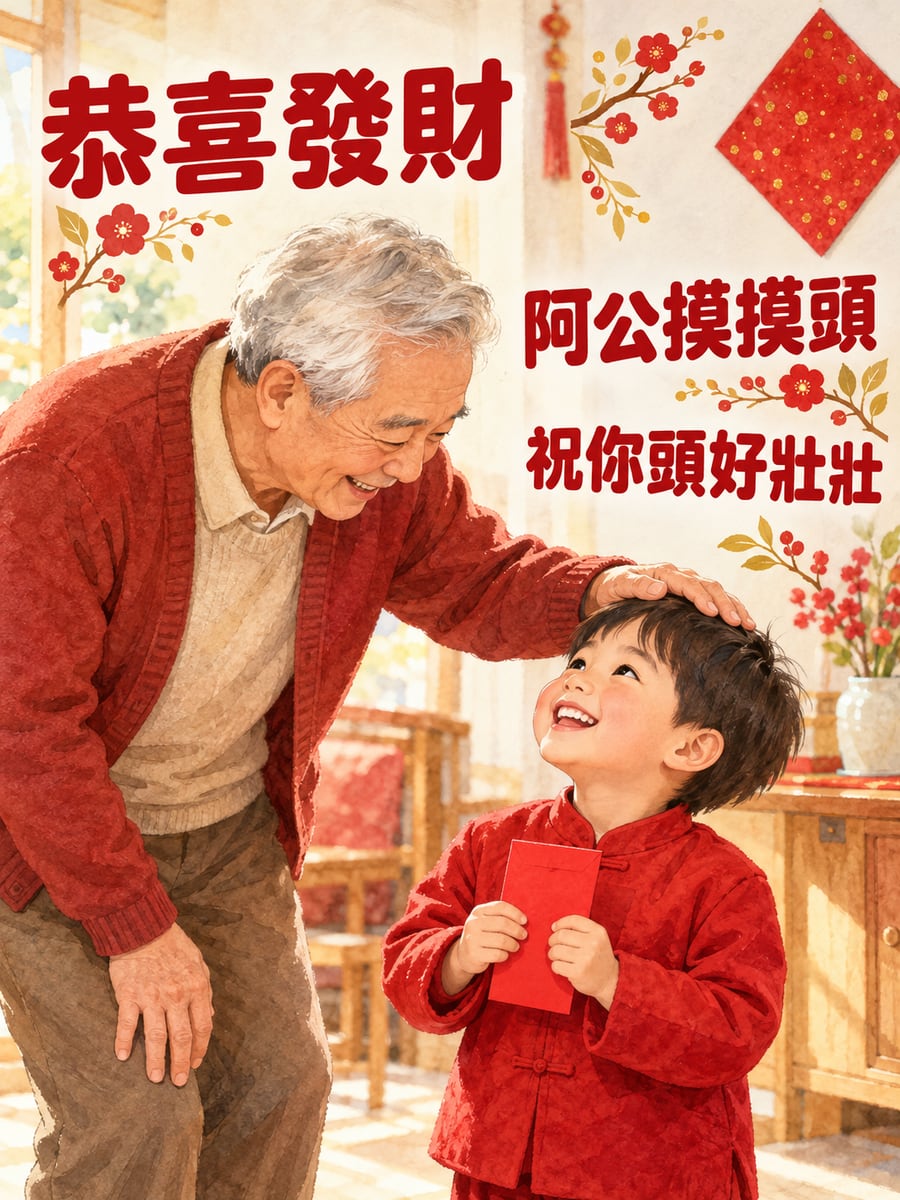 阿公摸摸頭祝福。圖中文字：恭喜發財，阿公摸摸頭，祝你頭好壯壯