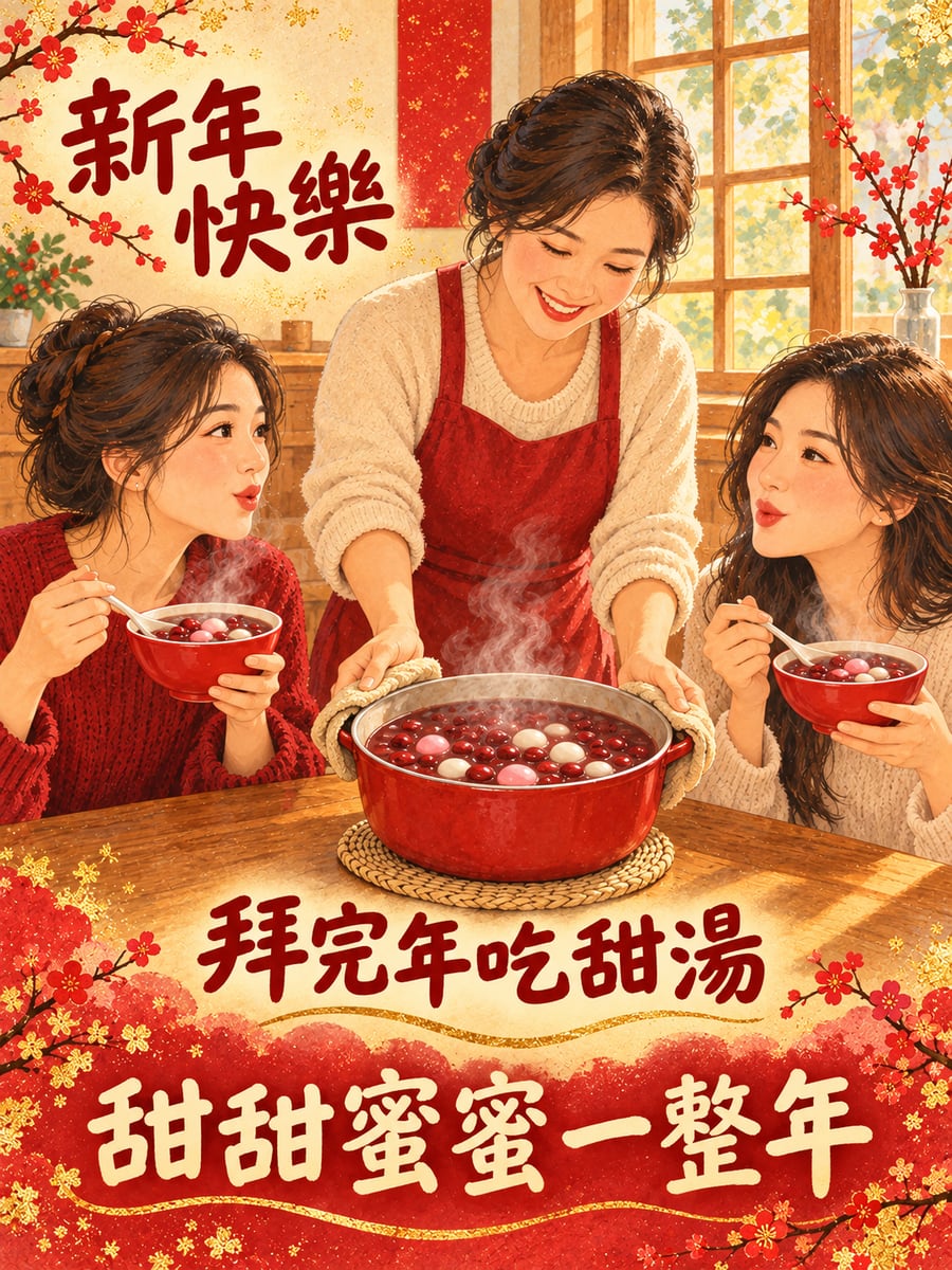 拜完年吃甜湯。圖中文字：新年快樂，拜完年吃甜湯，甜甜蜜蜜一整年