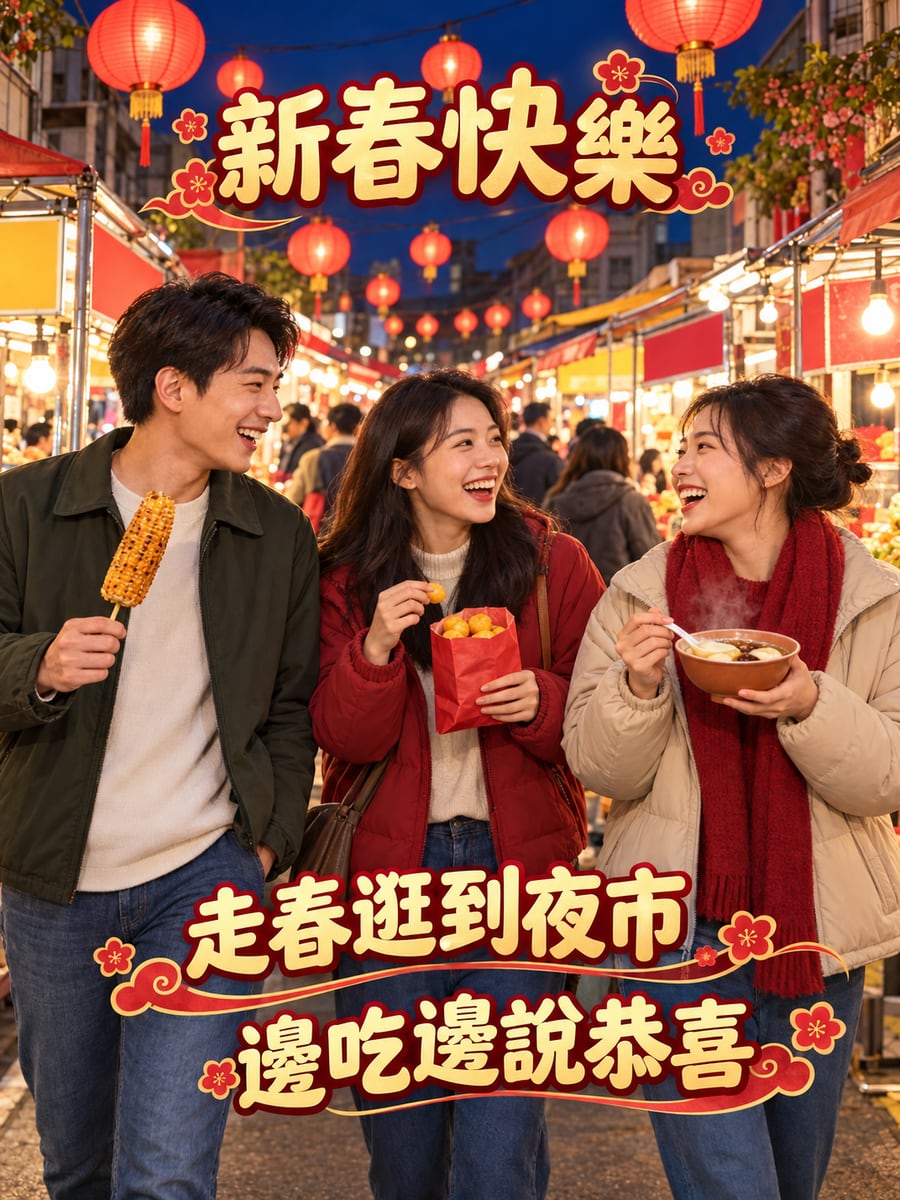 走春逛夜市。圖中文字：新春快樂，走春逛到夜市，邊吃邊說恭喜