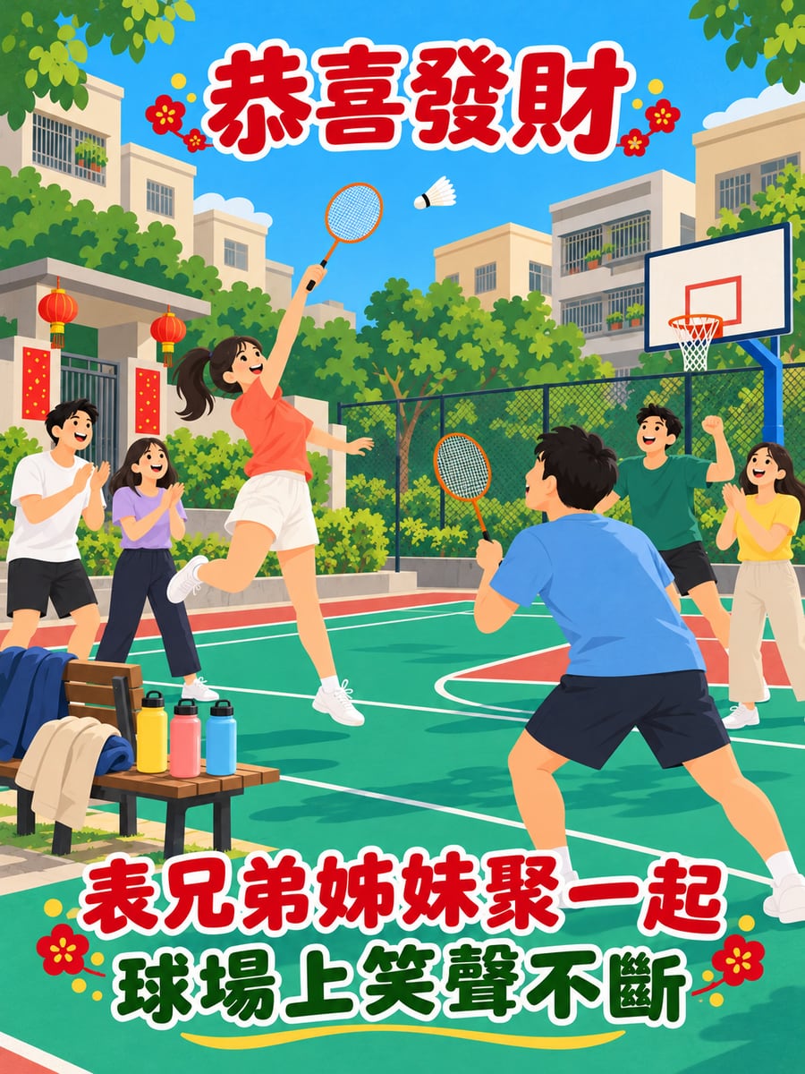 表兄弟姊妹打球。圖中文字：恭喜發財，表兄弟姊妹聚一起，球場上笑聲不斷