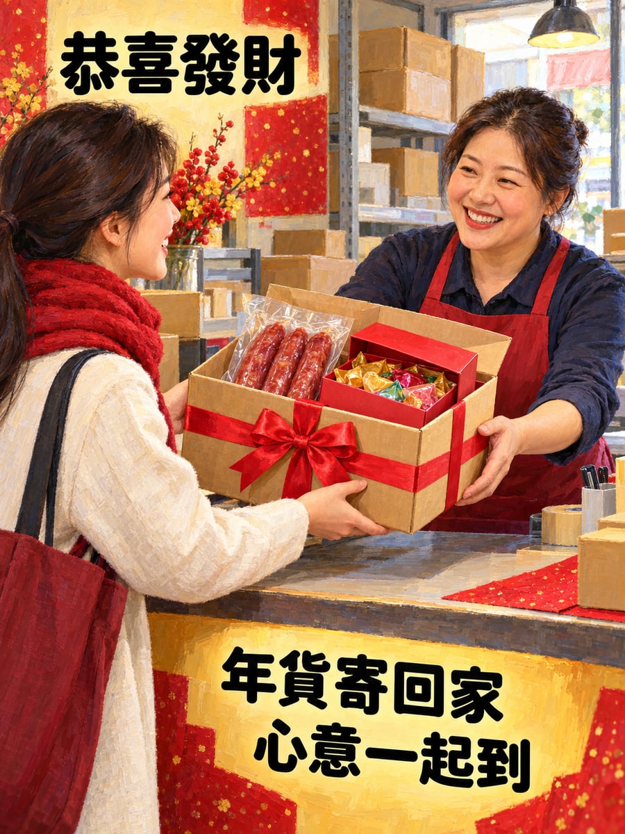 年貨寄回家。圖中文字：恭喜發財，年貨寄回家，心意一起到