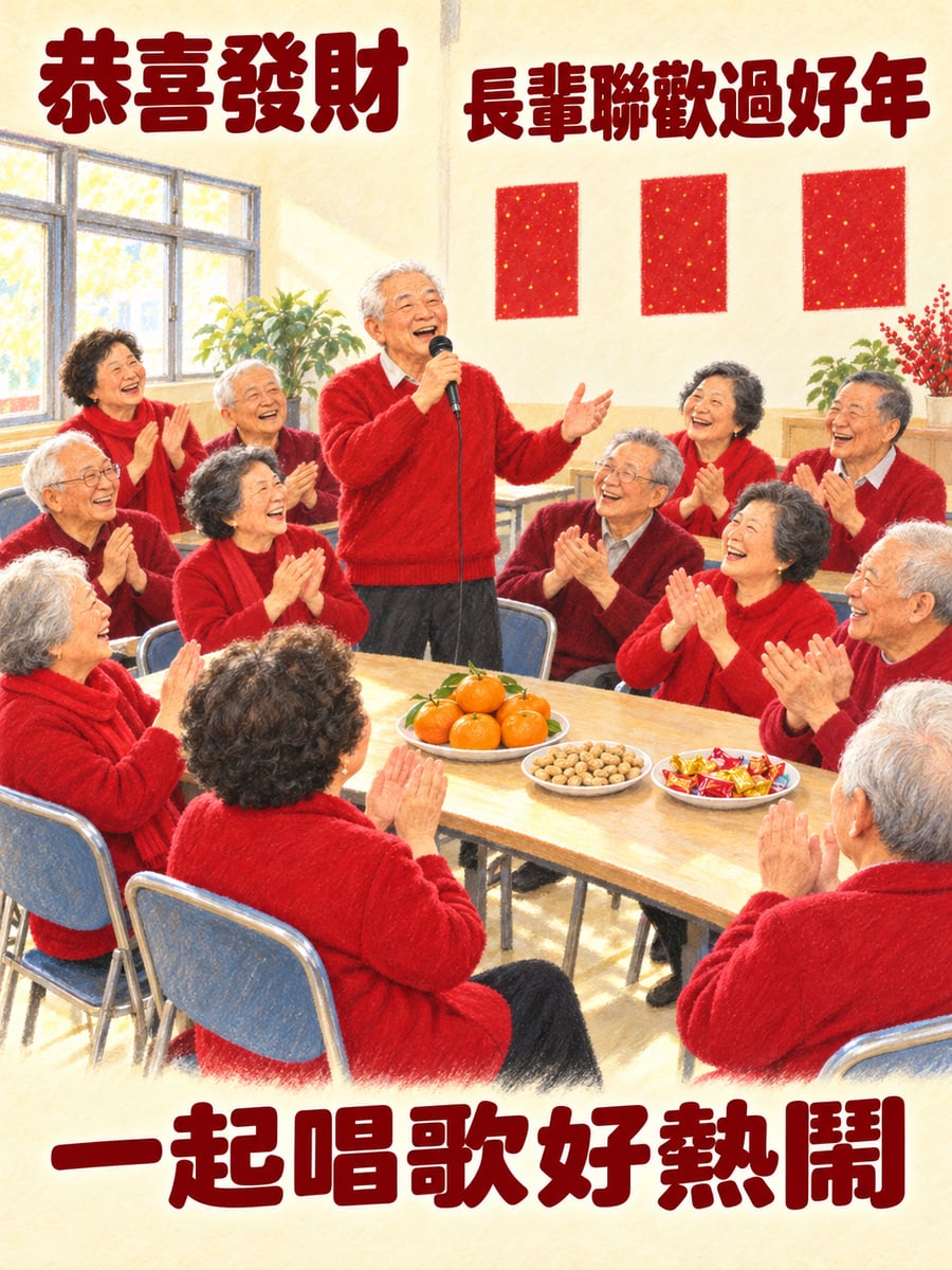 社區長輩春節聯歡。圖中文字：恭喜發財，長輩聯歡過好年，一起唱歌好熱鬧