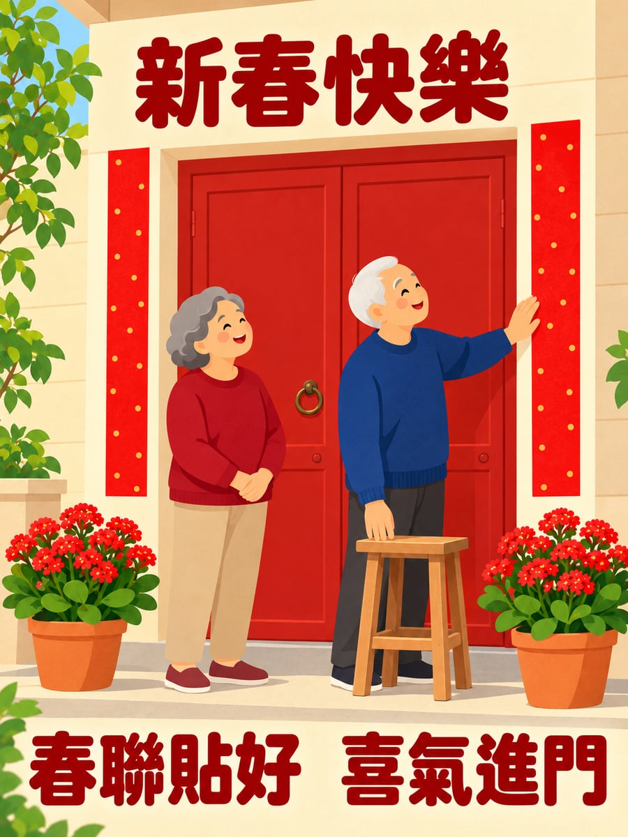 春聯貼好喜迎春。圖中文字：新春快樂，春聯貼好，喜氣進門