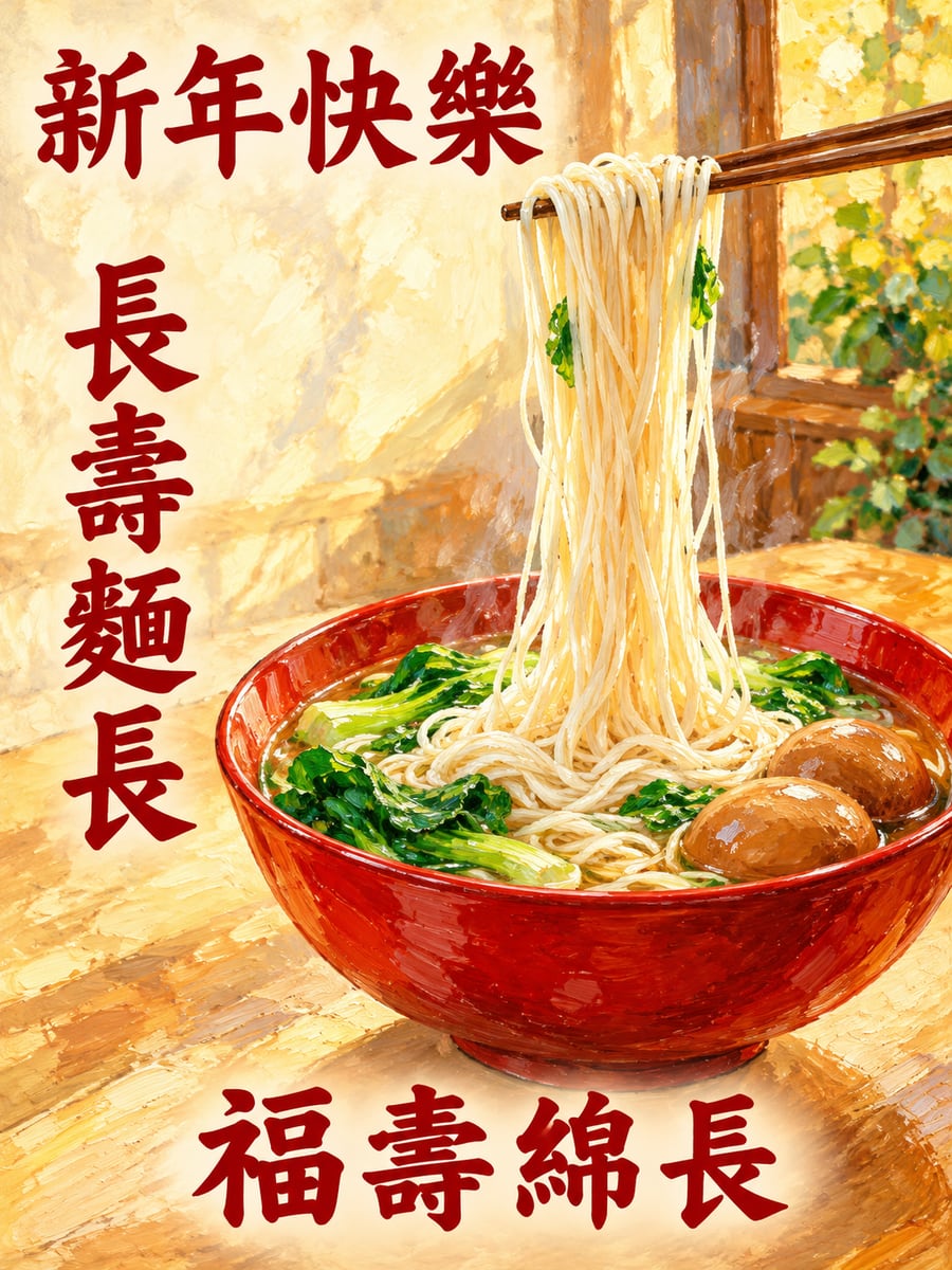 一碗長壽麵。圖中文字：新年快樂，長壽麵長，福壽綿長