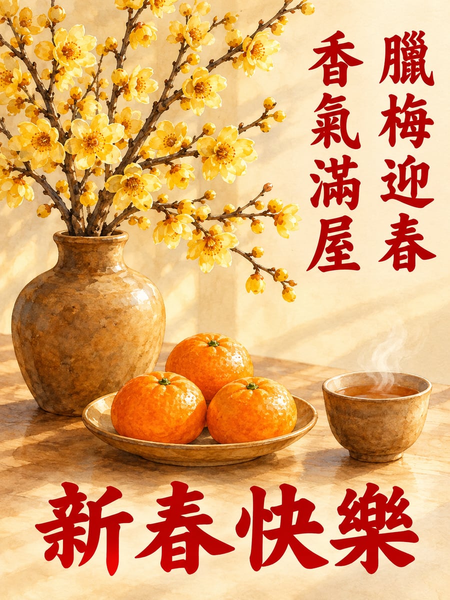 臘梅迎春。圖中文字：新春快樂，臘梅迎春，香氣滿屋