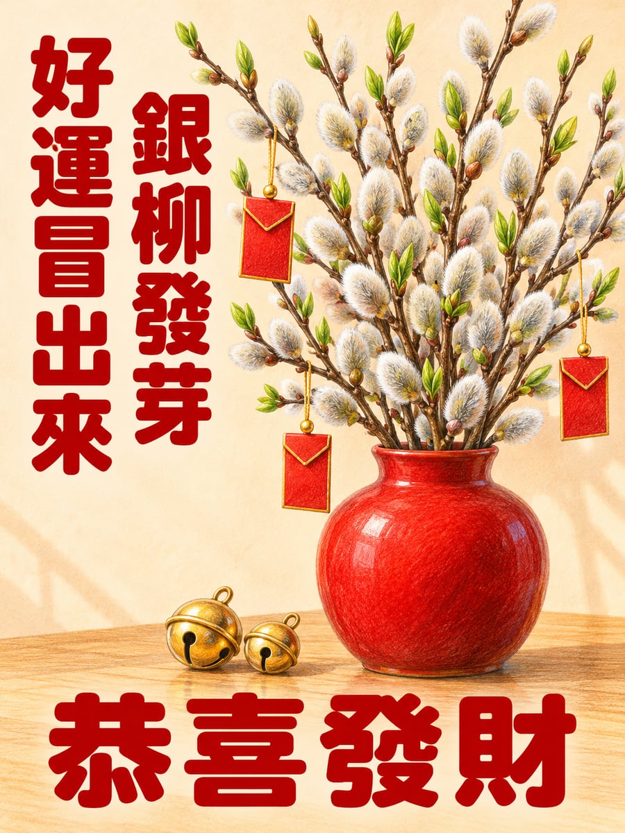 銀柳冒出好運。圖中文字：恭喜發財，銀柳發芽，好運冒出來