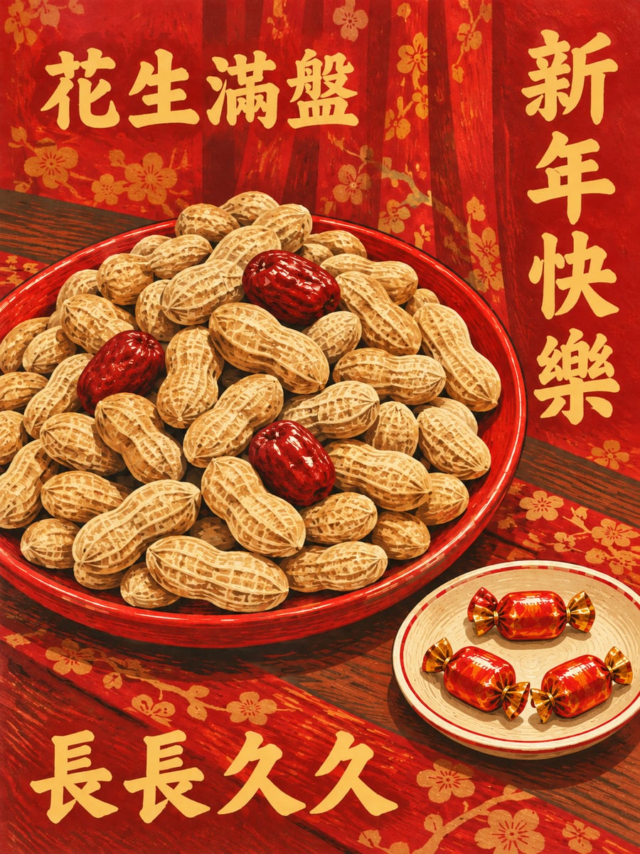 一盤長生果。圖中文字：新年快樂，花生滿盤，長長久久