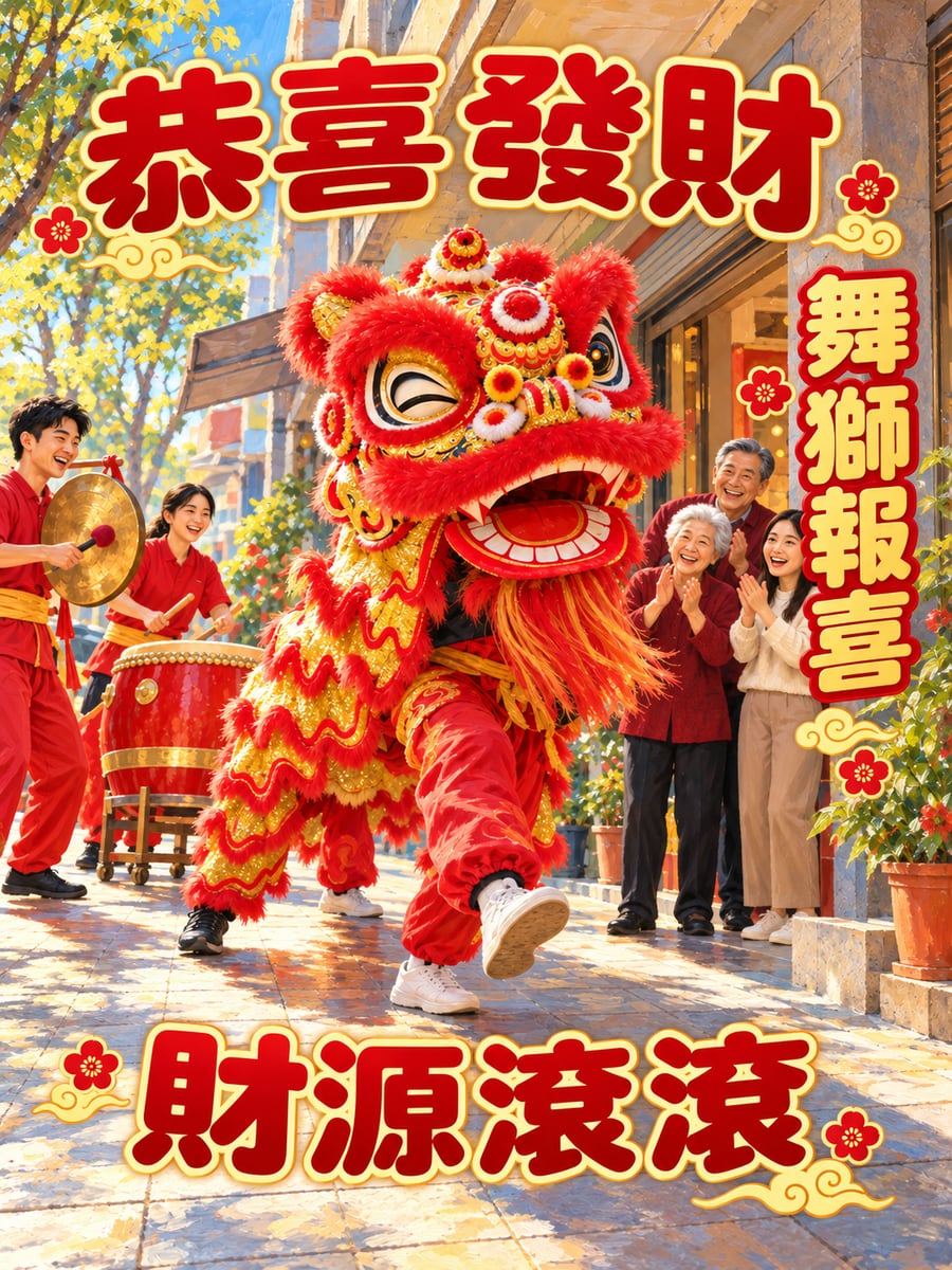 舞獅來報喜。圖中文字：恭喜發財，舞獅報喜，財源滾滾