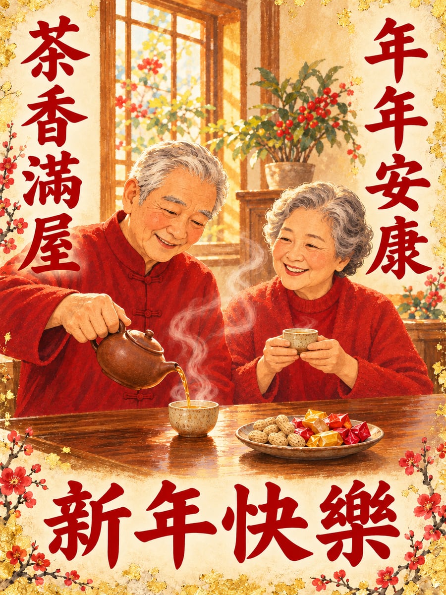 泡壺好茶過好年。圖中文字：新年快樂，茶香滿屋，年年安康