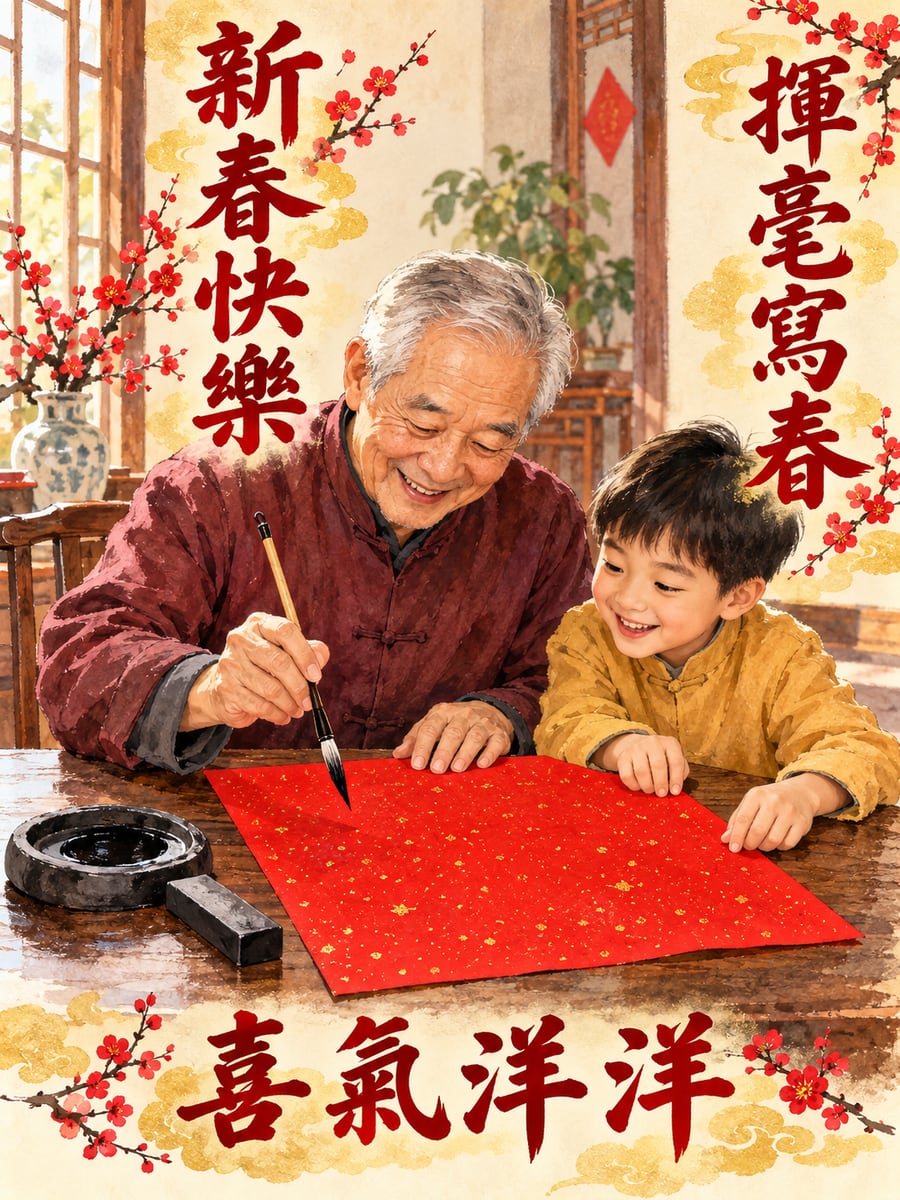 阿公揮毫寫春。圖中文字：新春快樂，揮毫寫春，喜氣洋洋