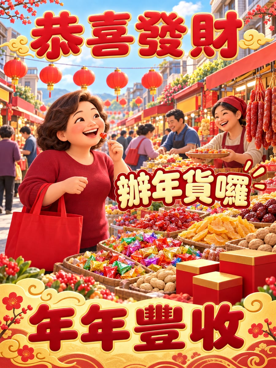 辦年貨好熱鬧。圖中文字：恭喜發財，辦年貨囉，年年豐收