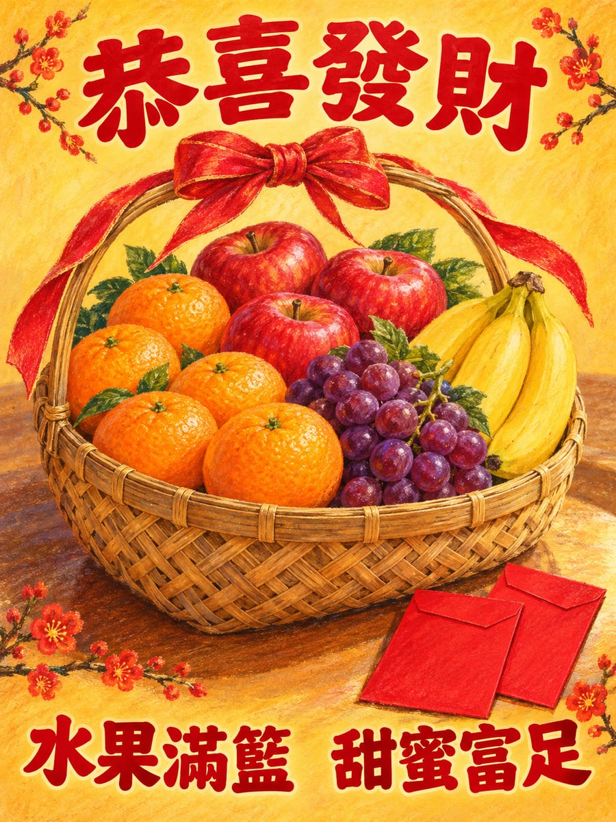 水果滿籃甜蜜蜜。圖中文字：恭喜發財，水果滿籃，甜蜜富足