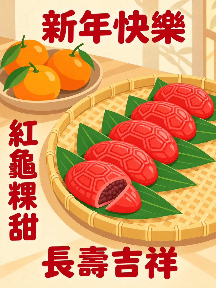 紅龜粿長壽。圖中文字：新年快樂，紅龜粿甜，長壽吉祥