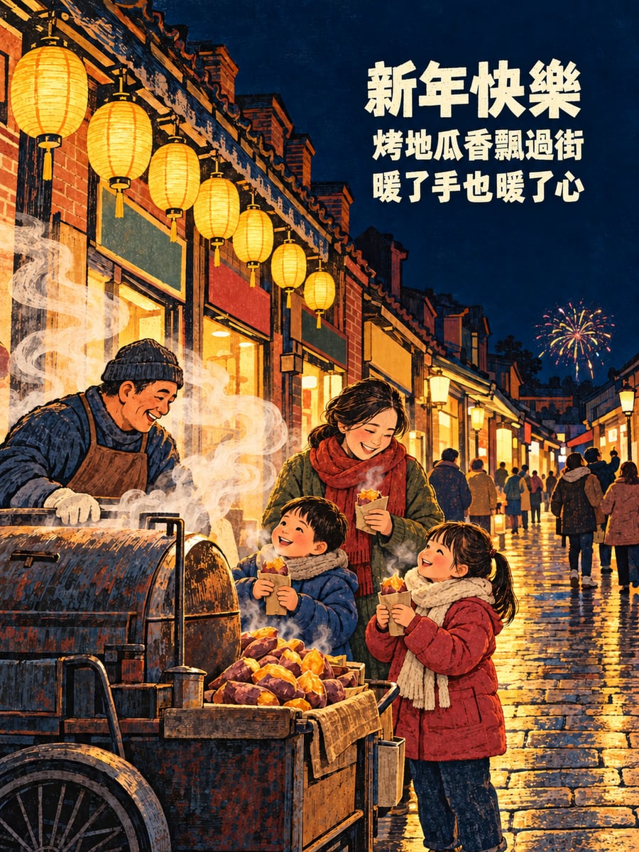 街邊烤地瓜暖暖手。圖中文字：新年快樂，烤地瓜香飄過街，暖了手也暖了心