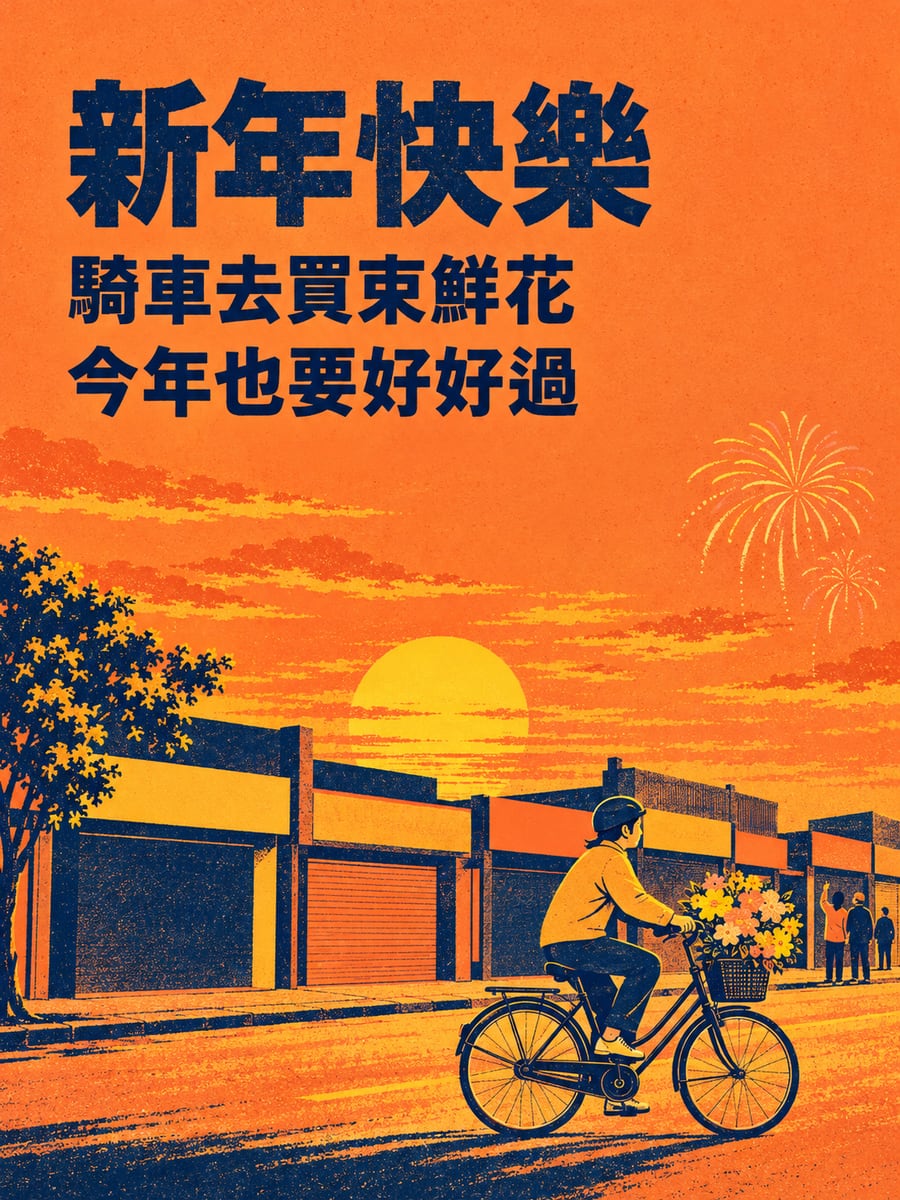 騎單車載一束花。圖中文字：新年快樂，騎車去買束鮮花，今年也要好好過