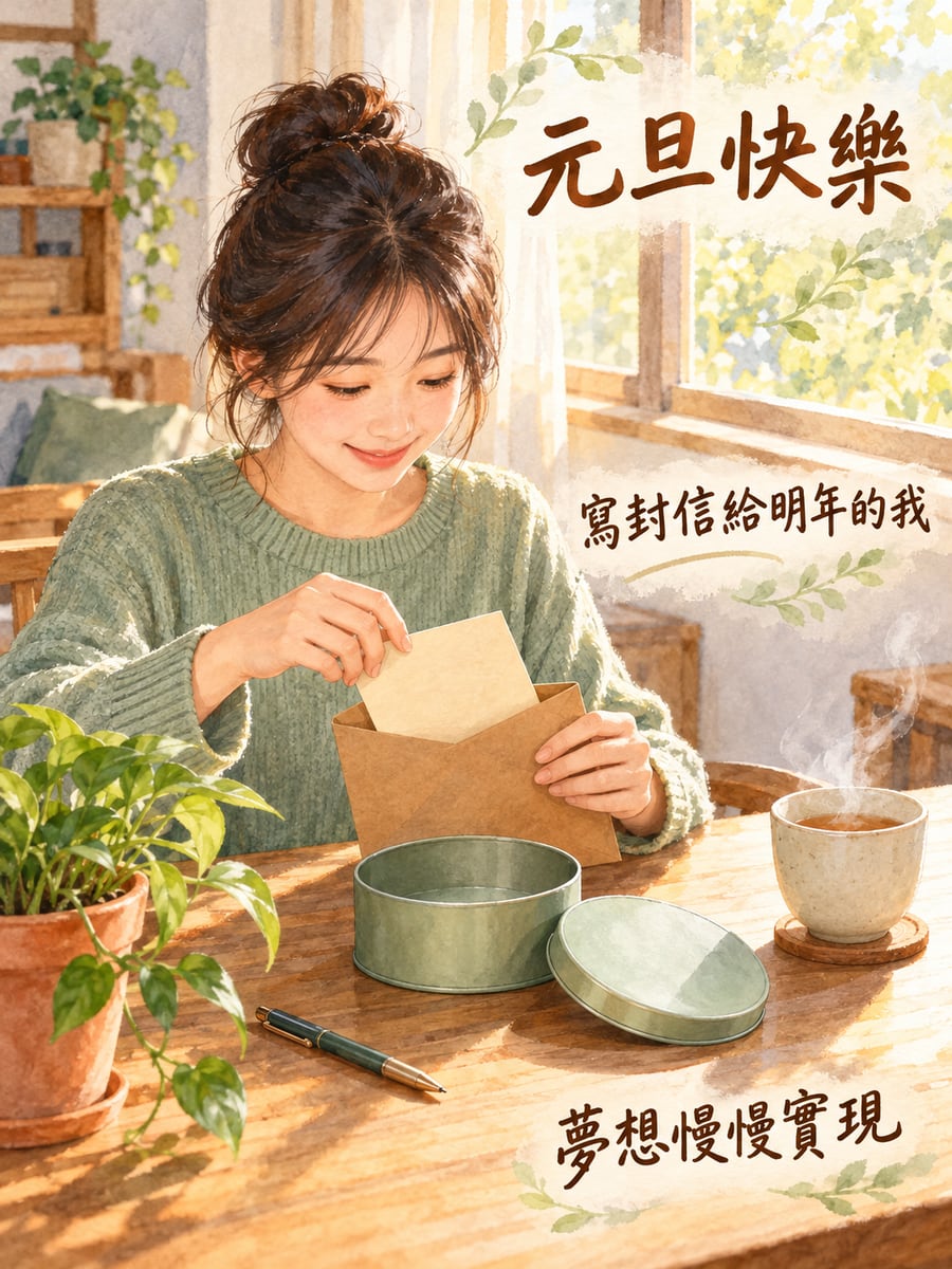 寫一封信給明年的自己。圖中文字：元旦快樂，寫封信給明年的我，夢想慢慢實現