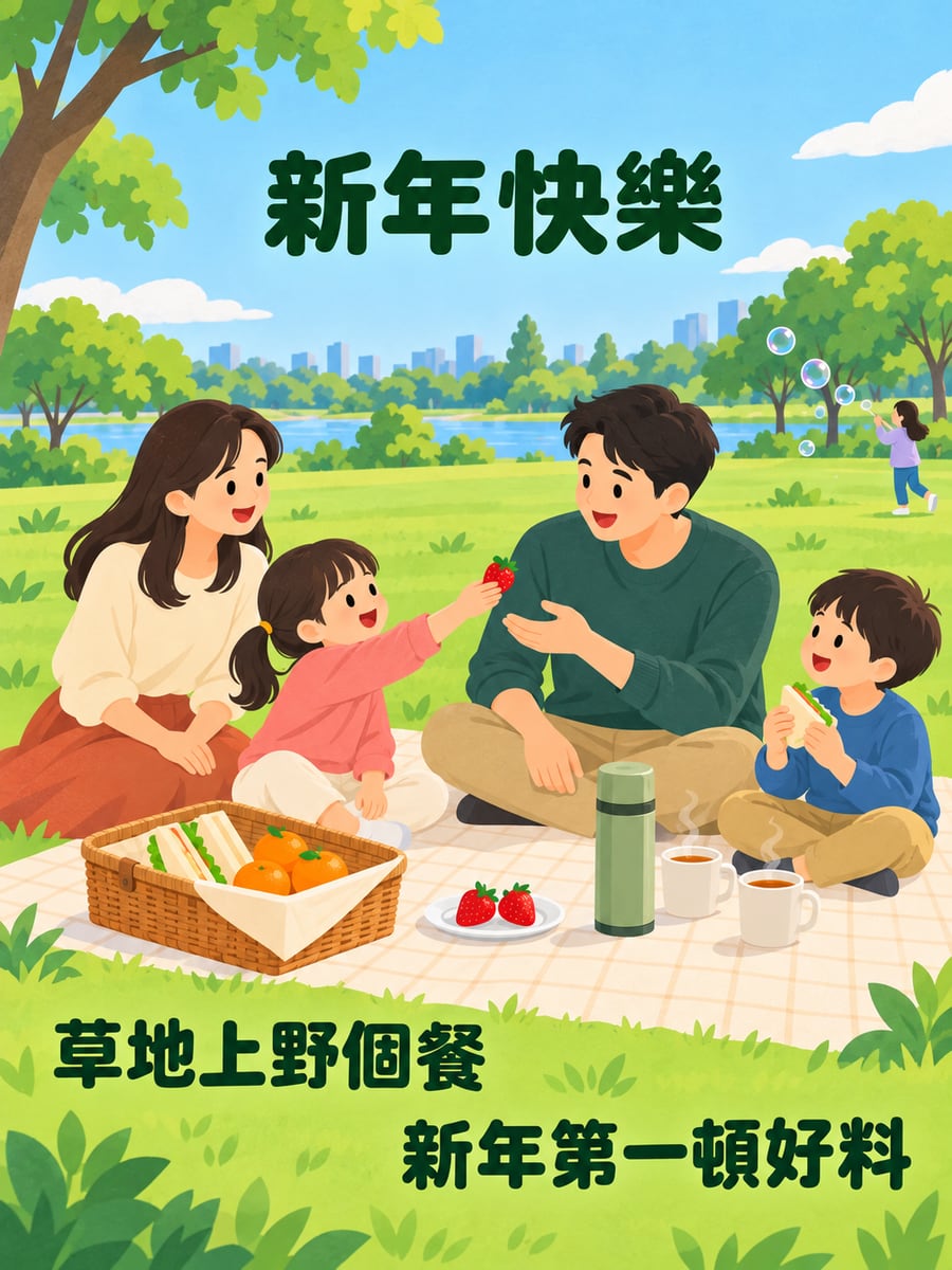 元旦草地野餐。圖中文字：新年快樂，草地上野個餐，新年第一頓好料