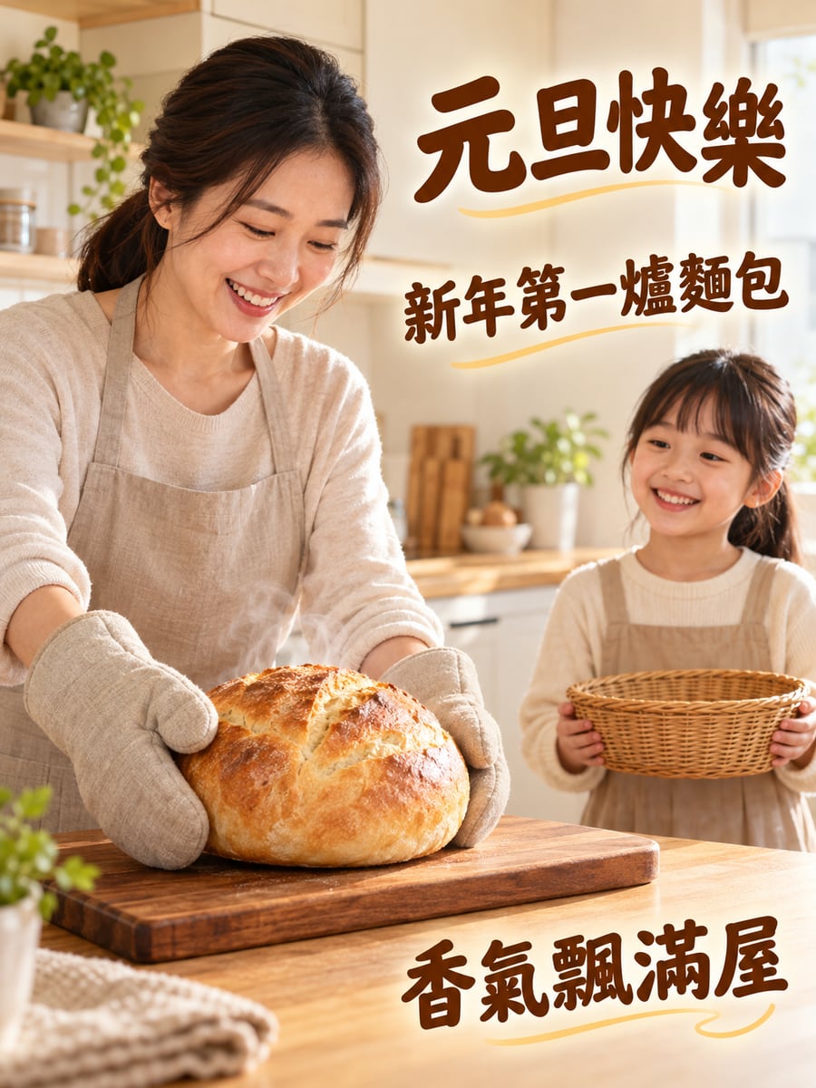 新年第一爐麵包。圖中文字：元旦快樂，新年第一爐麵包，香氣飄滿屋