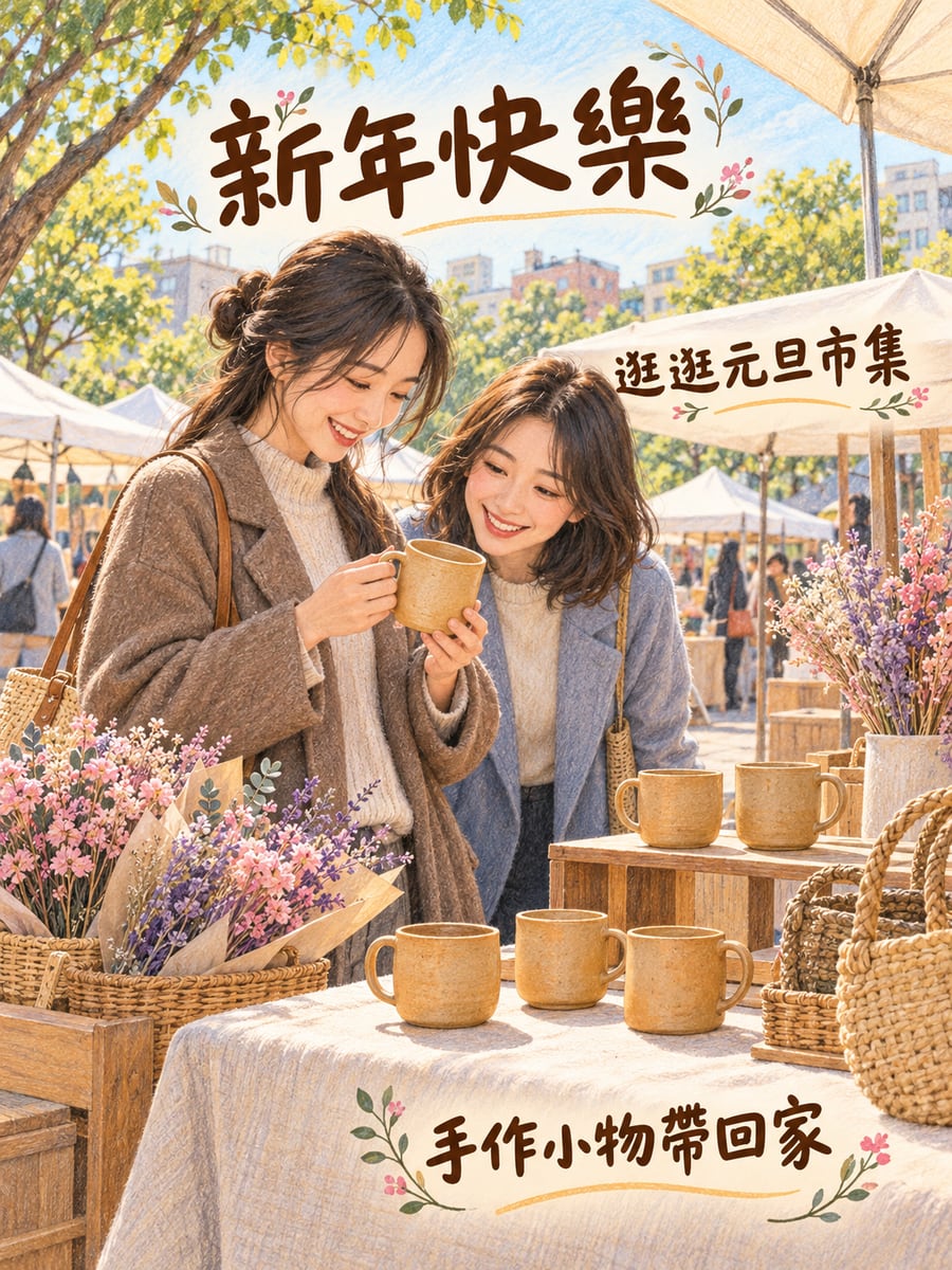 逛元旦手作市集。圖中文字：新年快樂，逛逛元旦市集，手作小物帶回家