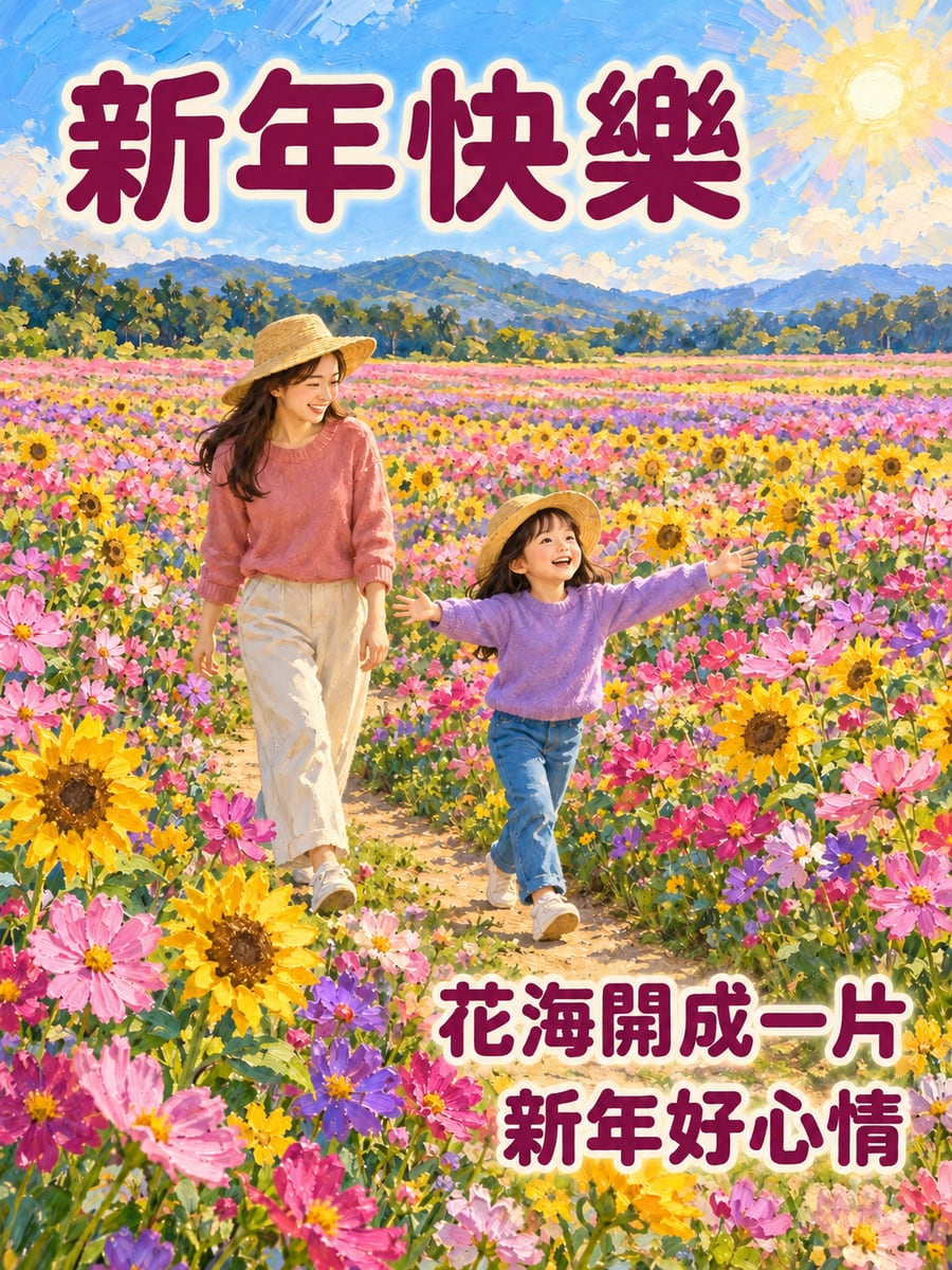 新年花海。圖中文字：新年快樂，花海開成一片，新年好心情