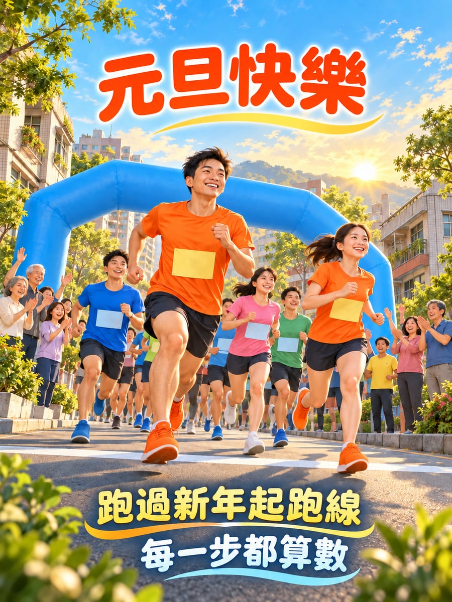 元旦路跑起跑。圖中文字：元旦快樂，跑過新年起跑線，每一步都算數