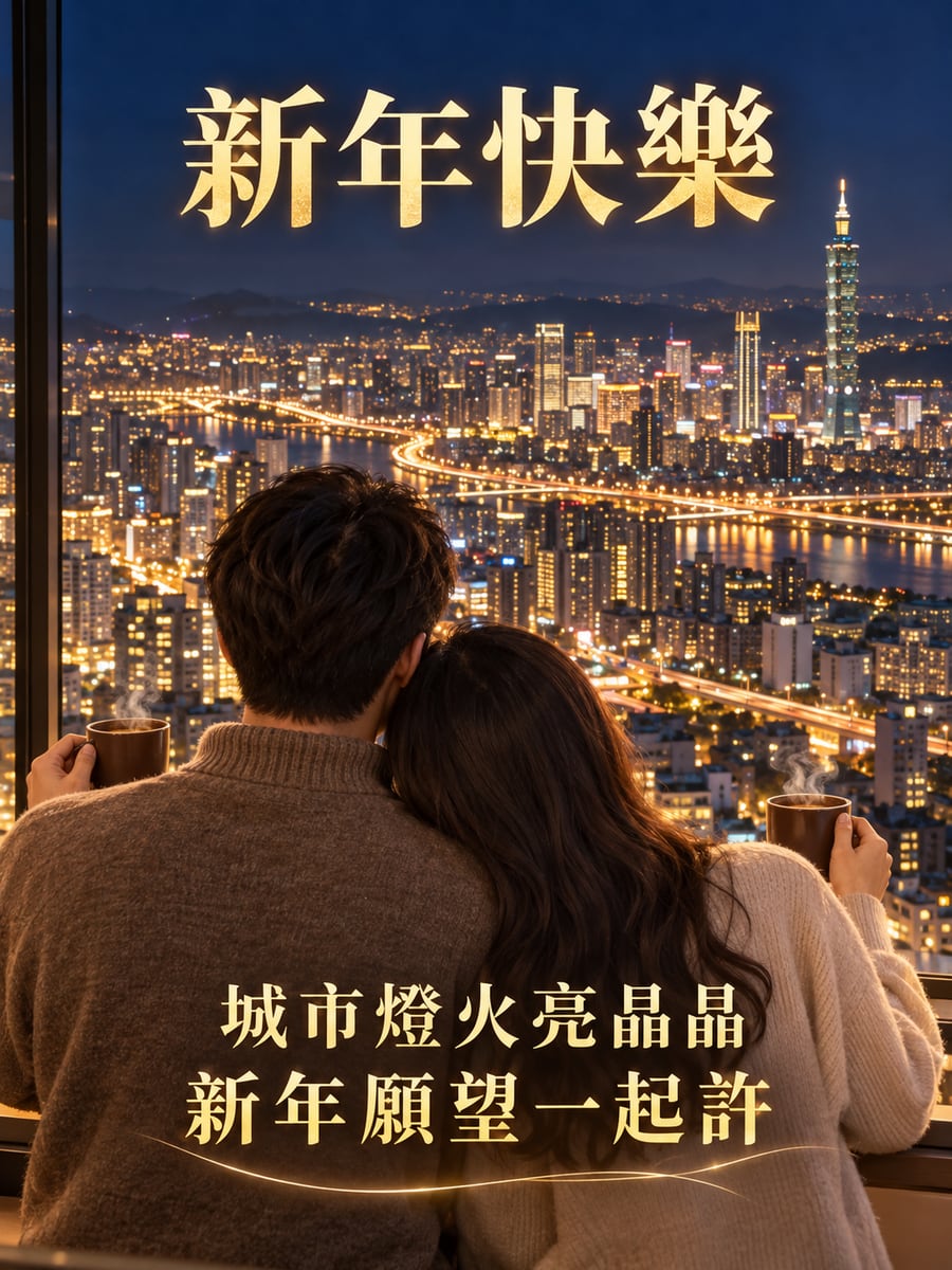 高樓看城市燈火。圖中文字：新年快樂，城市燈火亮晶晶，新年願望一起許