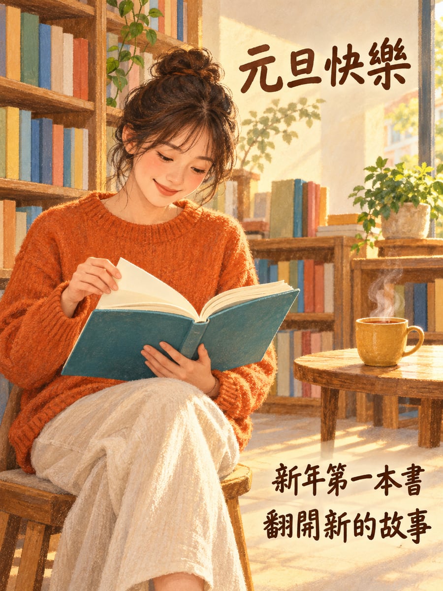 新年第一本書。圖中文字：元旦快樂，新年第一本書，翻開新的故事