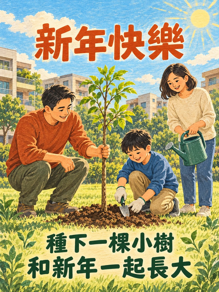 社區一起種小樹。圖中文字：新年快樂，種下一棵小樹，和新年一起長大