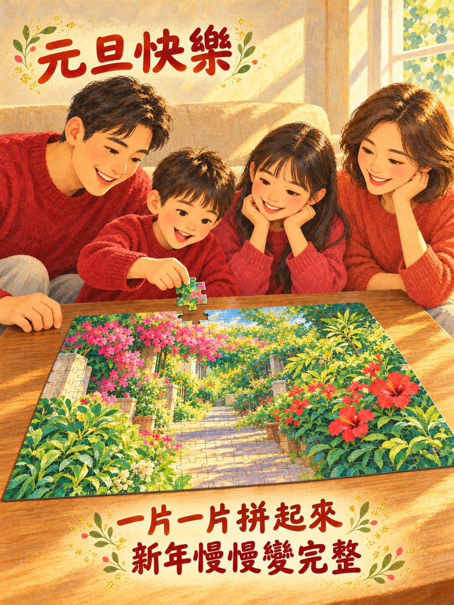 全家一起拼拼圖。圖中文字：元旦快樂，一片一片拼起來，新年慢慢變完整