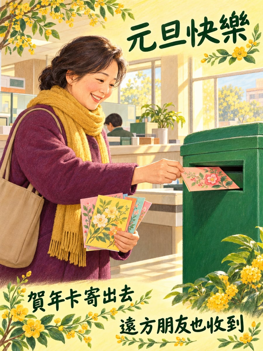 賀年卡寄出去。圖中文字：元旦快樂，賀年卡寄出去，遠方朋友也收到