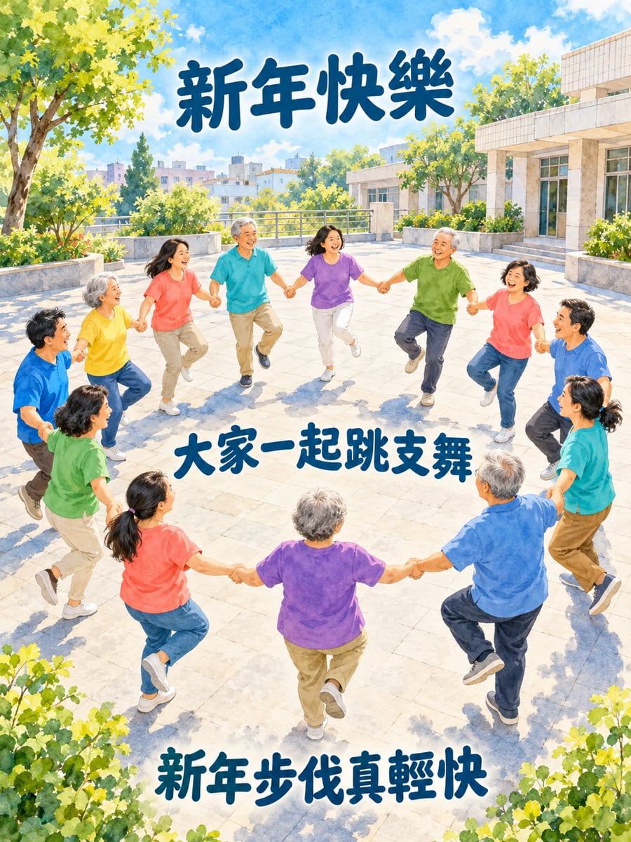大家一起跳支舞。圖中文字：新年快樂，大家一起跳支舞，新年步伐真輕快